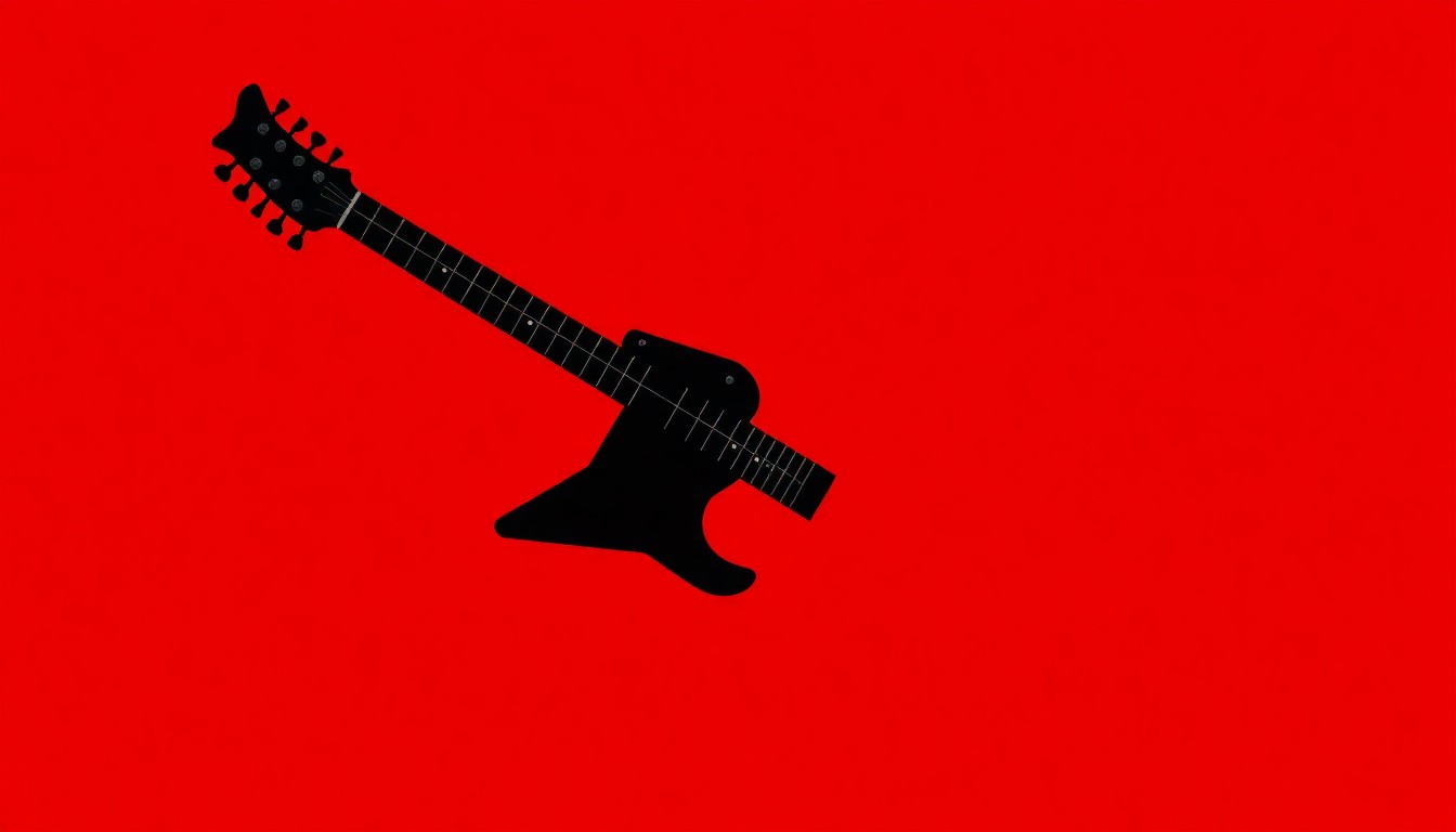 A minimalist black silhouette of an electric guitar on a bright red background, conveying the raw energy and intensity of the hardcore metal genre.