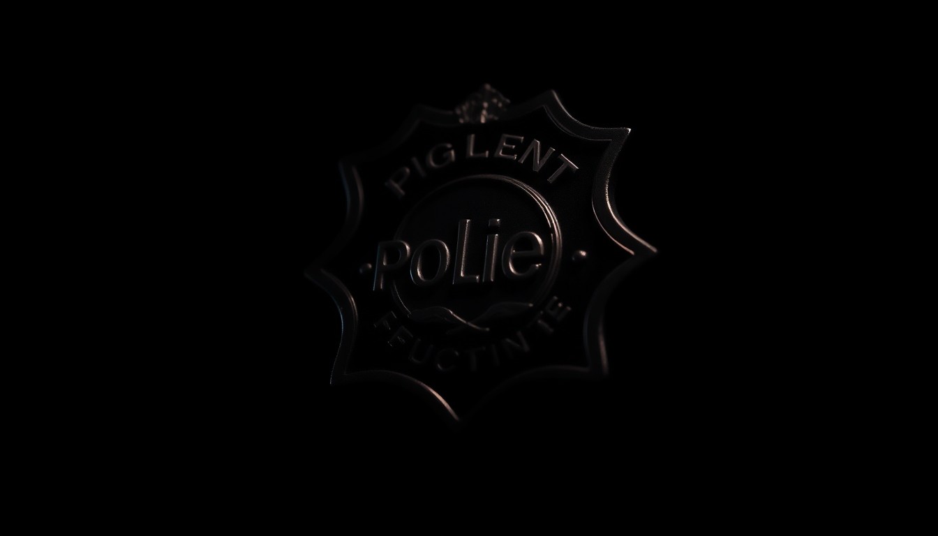An extreme close-up photograph of a police badge or other law enforcement equipment, lit by a harsh, direct camera flash against a pitch-black background, creating a stark, gritty, investigative aesthetic.