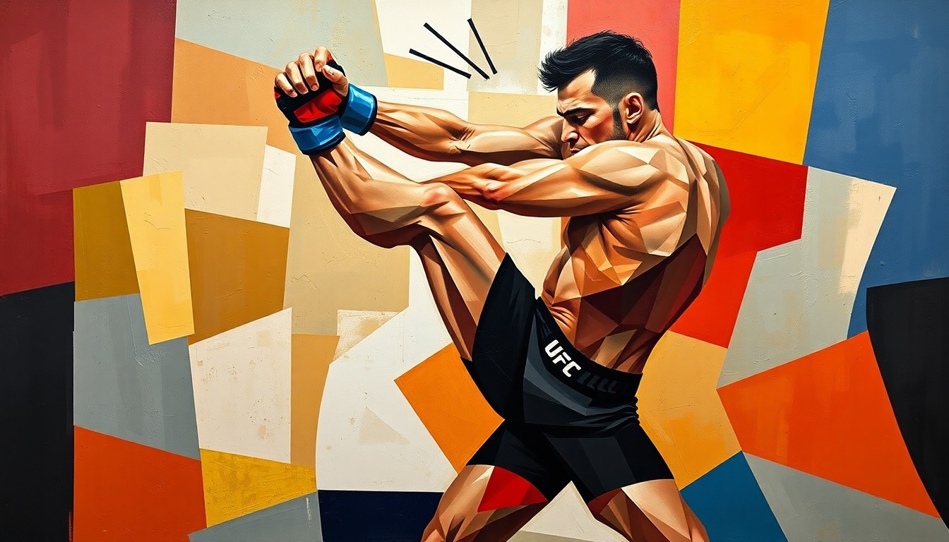 A fragmented, multi-perspective painting in bold, contrasting colors depicting the dynamic movements of a UFC fighter in mid-action, their body deconstructed into sharp, geometric shapes.