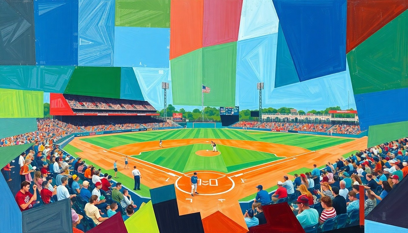 A fragmented, multi-angled painting in bold colors depicting the dynamic movements and competitive energy of a high school baseball game.