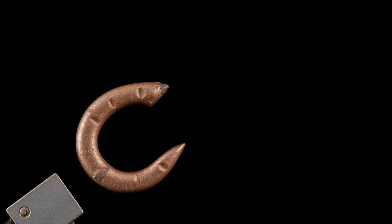 An extreme close-up photograph of a large, rusted meat hook against a pitch-black background, lit by a harsh, direct camera flash, conceptually representing the weapon used in the alleged assault.