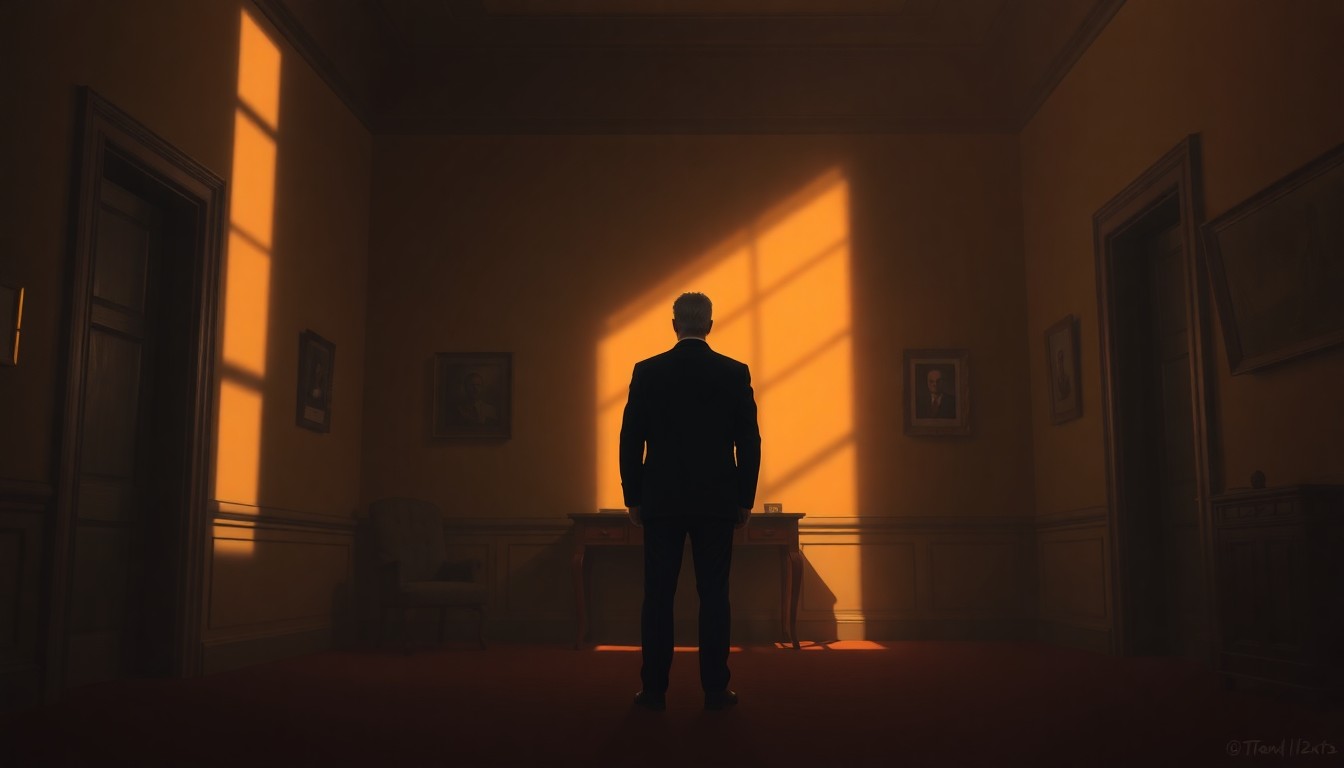 A cinematic painting of a lone political figure standing in a dimly lit government office, the space bathed in warm, diagonal sunlight and deep shadows, conceptually representing the congressman's engagement with the community.
