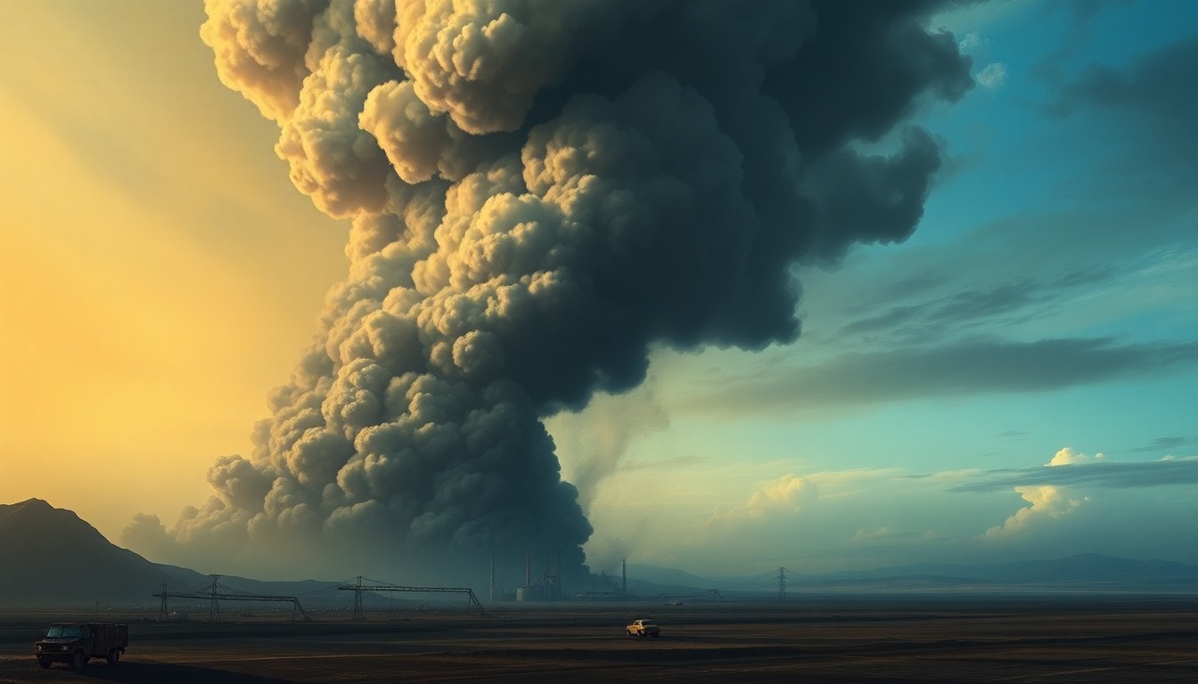 A sweeping, atmospheric landscape painting depicting a towering column of black smoke billowing over a desolate industrial area, conveying the overwhelming power of the natural elements.