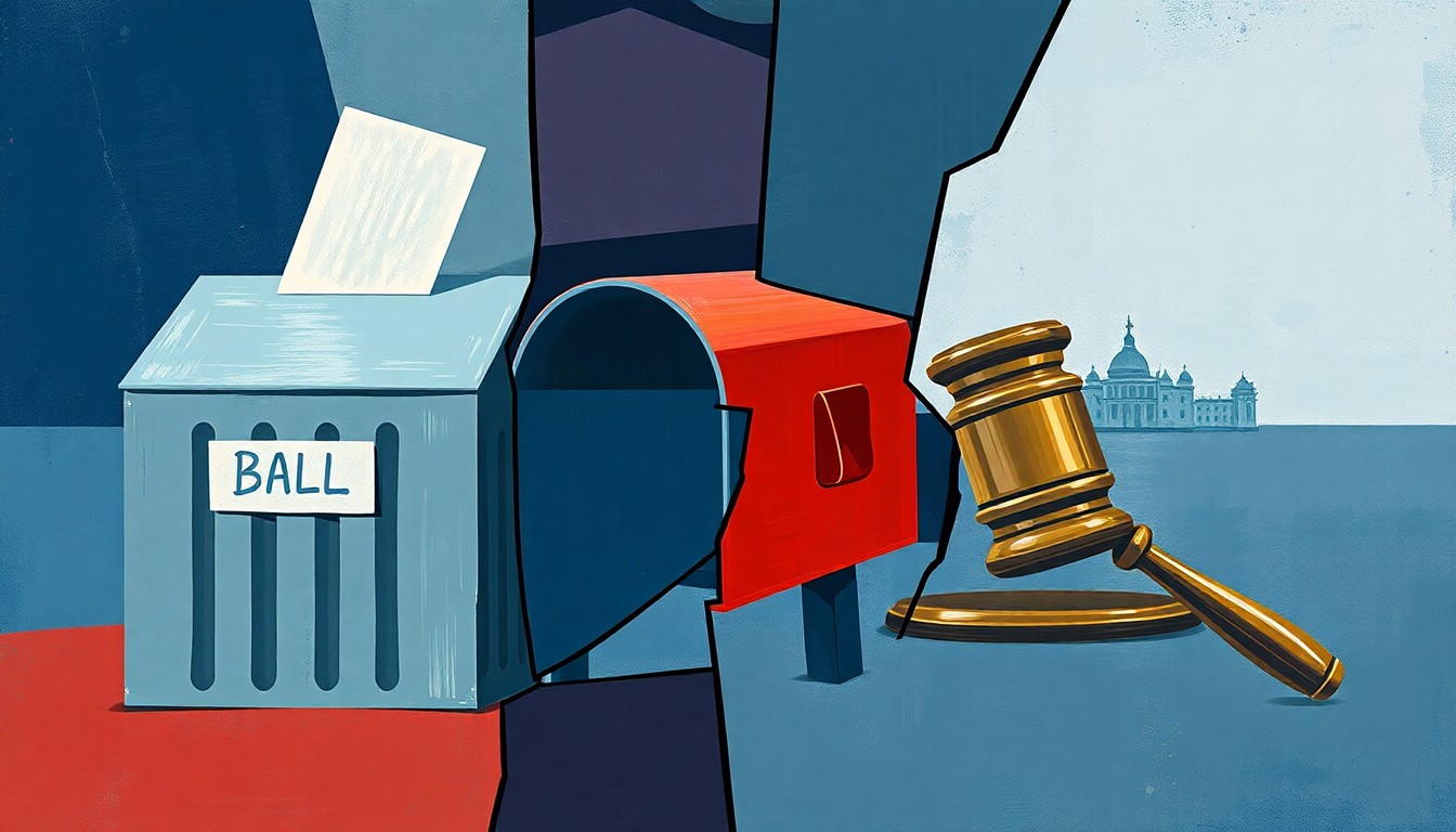 A dynamic, fragmented painting in shades of blue, grey, and red depicting abstract, overlapping shapes representing the clash between state and federal control over elections.