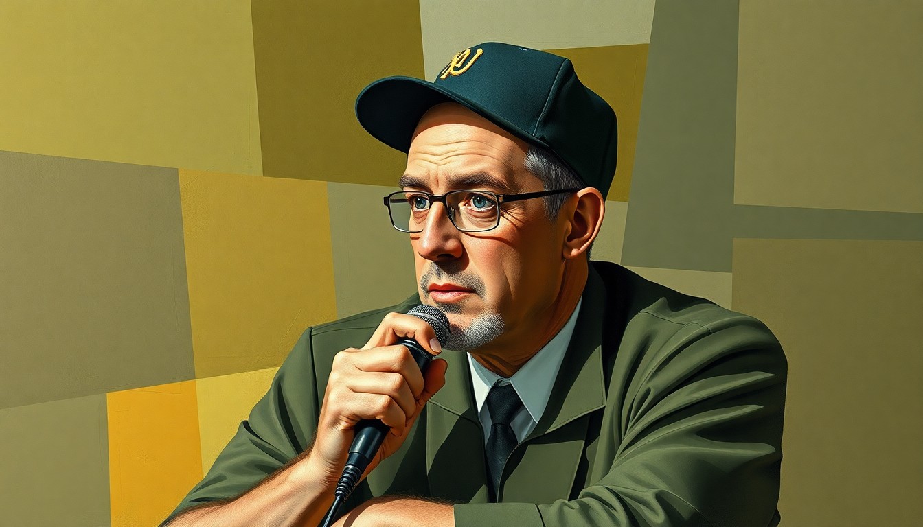 A fragmented, geometric painting depicting a baseball manager in a press conference, with his face and body broken down into sharp, overlapping planes of muted earth tones, conveying the nuanced challenges of managing public perception as a team leader.
