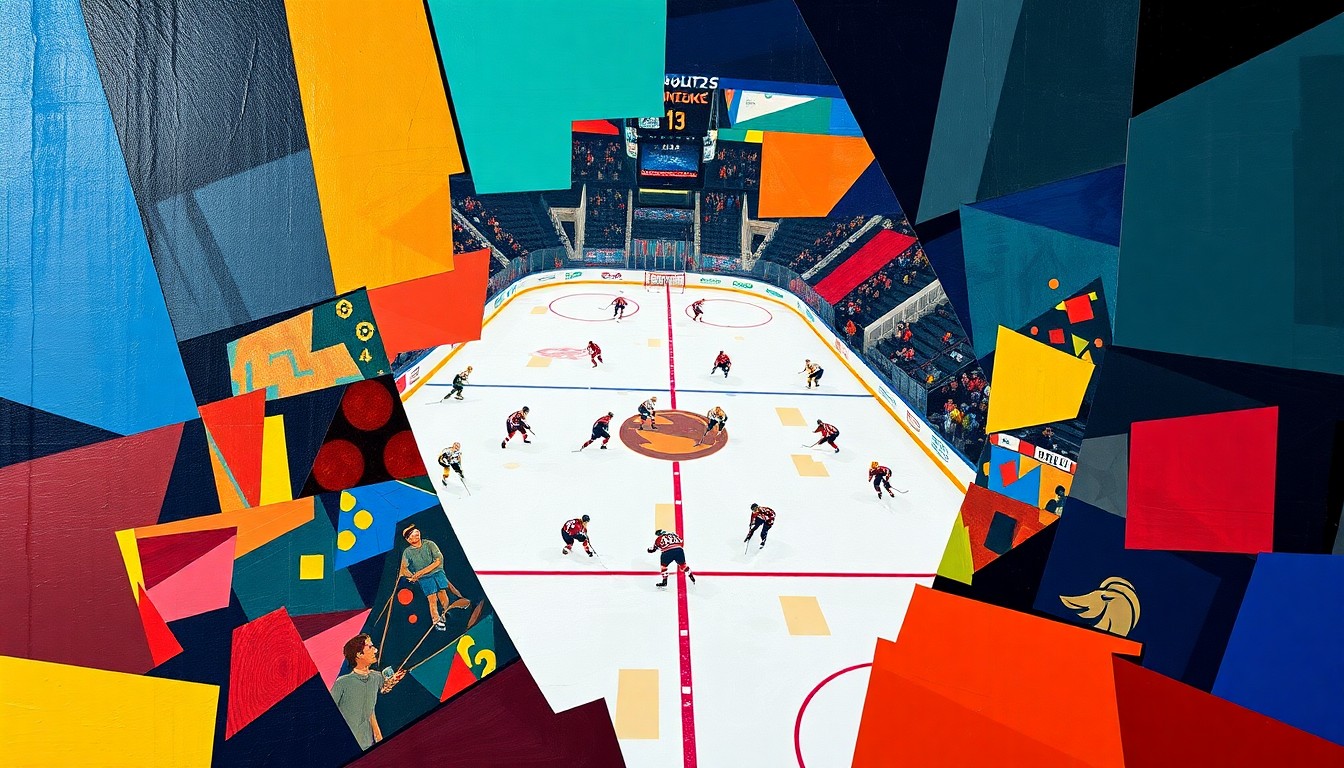 A fractured, multi-perspective painting depicting a hockey game between the Colorado Eagles and Bakersfield Condors, with sharp, overlapping geometric planes in the teams' official colors representing the players and action on the ice.