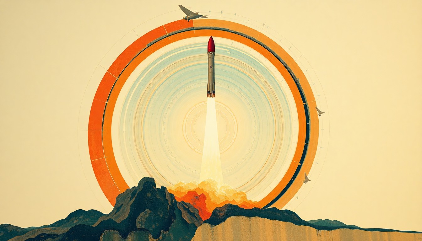 A bold, abstract painting in the style of Hilma af Klint, featuring sweeping geometric arcs, concentric circles, and precise botanical spirals in earthy tones of orange, blue, and green, conceptually representing the powerful launch and journey of the Artemis II rocket to the Moon.
