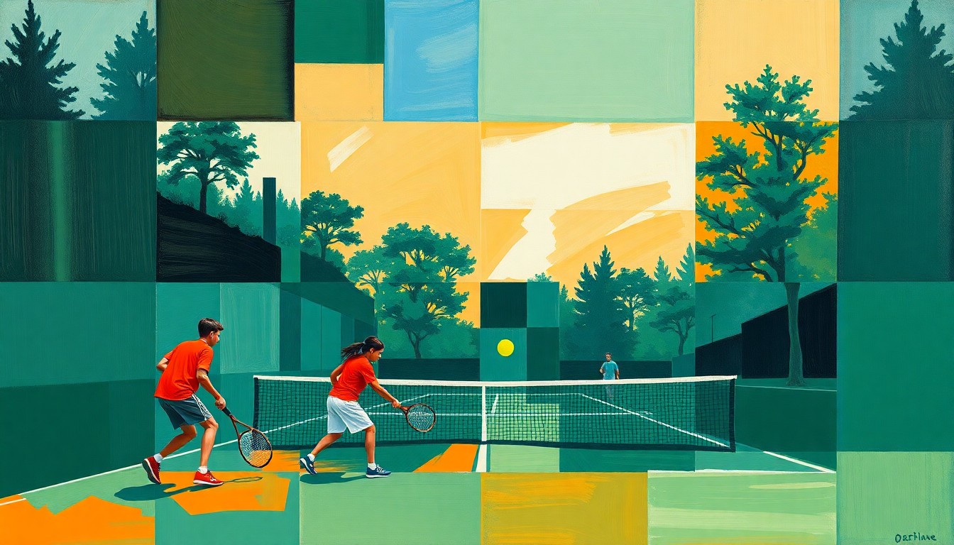 A fractured, geometric painting in shades of green, blue, and orange, breaking down the action and energy of a high school tennis match into sharp, overlapping planes.