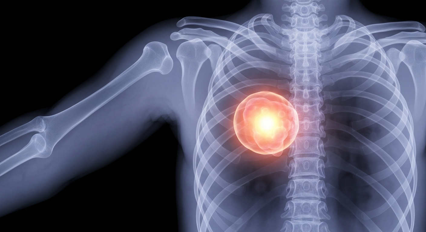 A translucent X-ray image revealing the internal structure of a child's ribcage, with a faint glowing outline of a tumor or cancer cells, conveying a sense of hope and determination in the fight against pediatric cancer.