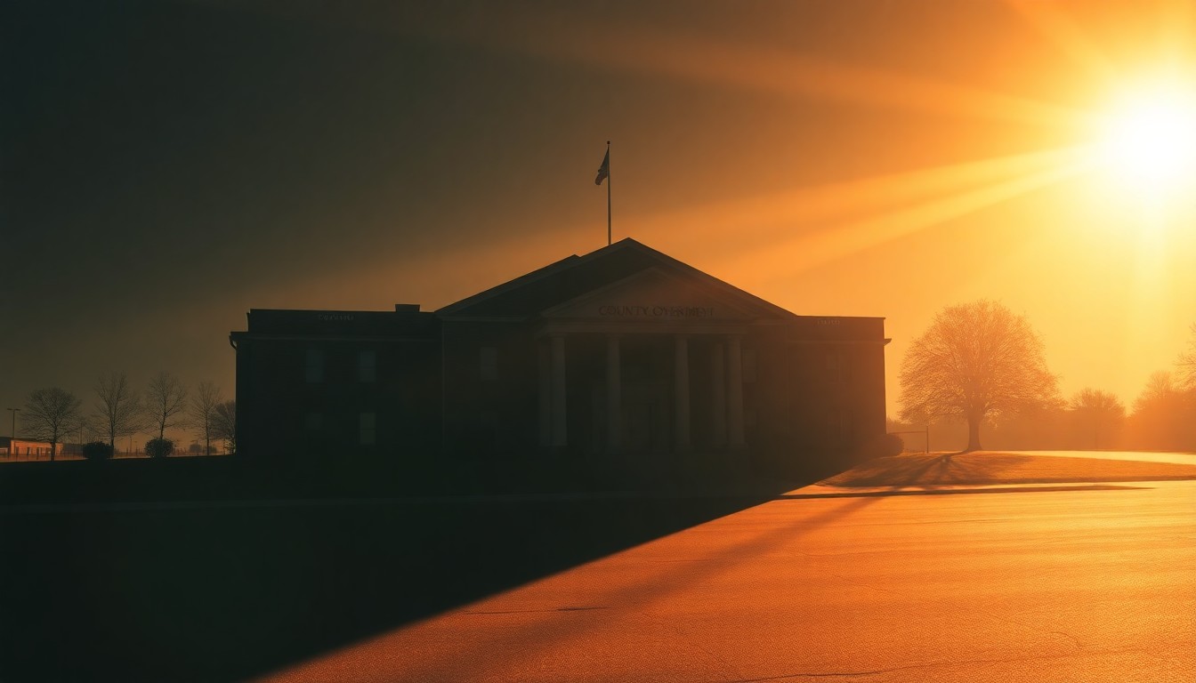 A serene, cinematic painting of a government building in warm, muted tones, with dramatic lighting and shadows that evoke a sense of quiet contemplation about the responsibilities of local leadership.