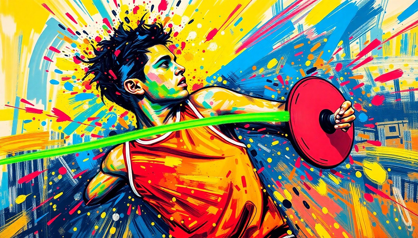 An extreme close-up of a discus mid-throw, surrounded by a vibrant expressionist painting of neon brushstrokes in shades of yellow, orange, and green, capturing the explosive motion and power of a high school throwing event.