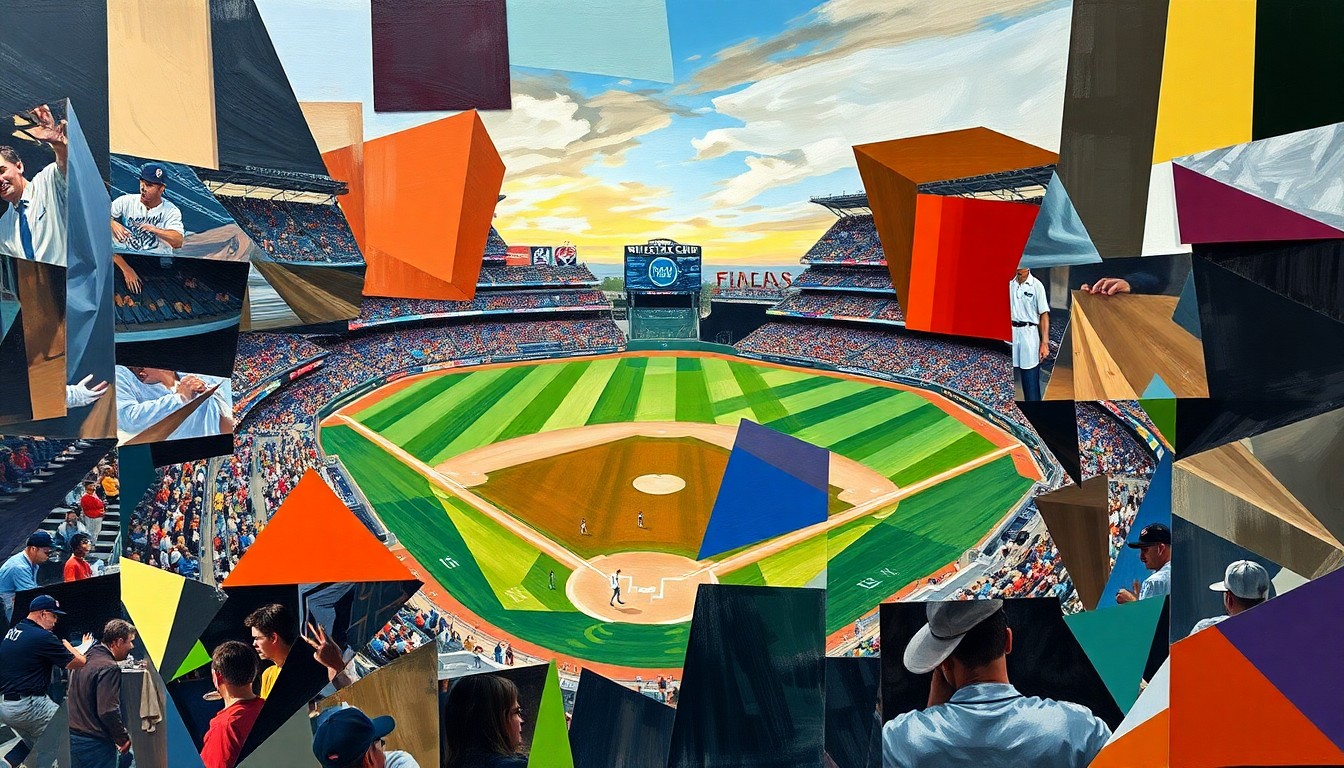 A fragmented, geometric painting depicting the action and energy of a college baseball game, with players and the field broken down into sharp, overlapping shapes and planes.