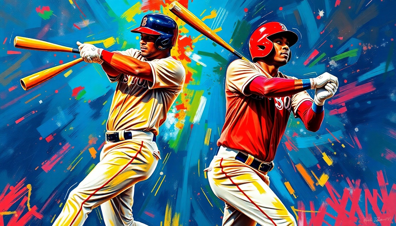 An abstract, energetic painting with bold, neon-colored brushstrokes capturing the dynamic motion and power of baseball players hitting home runs.