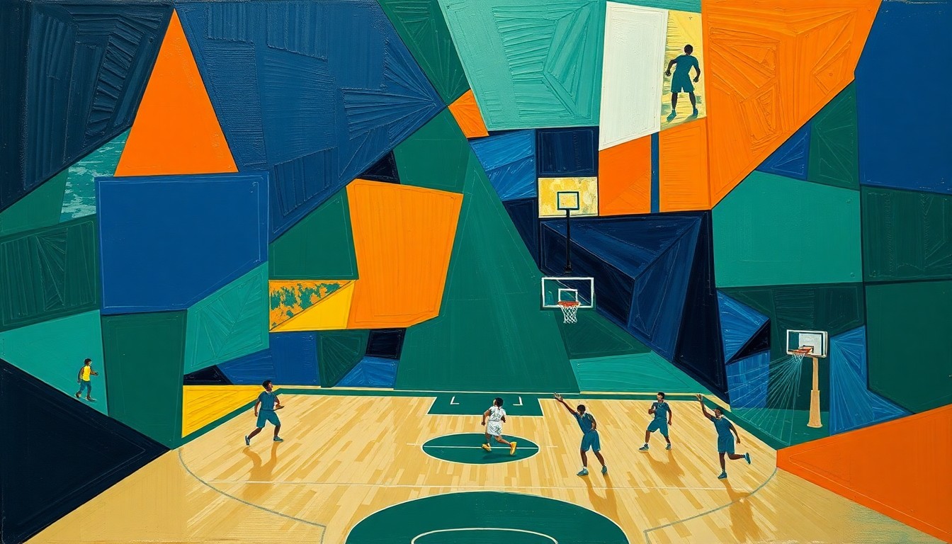 A cubist, geometric painting depicting a high school basketball game, with sharp, overlapping planes of navy, green, and orange representing the dynamic action on the court.