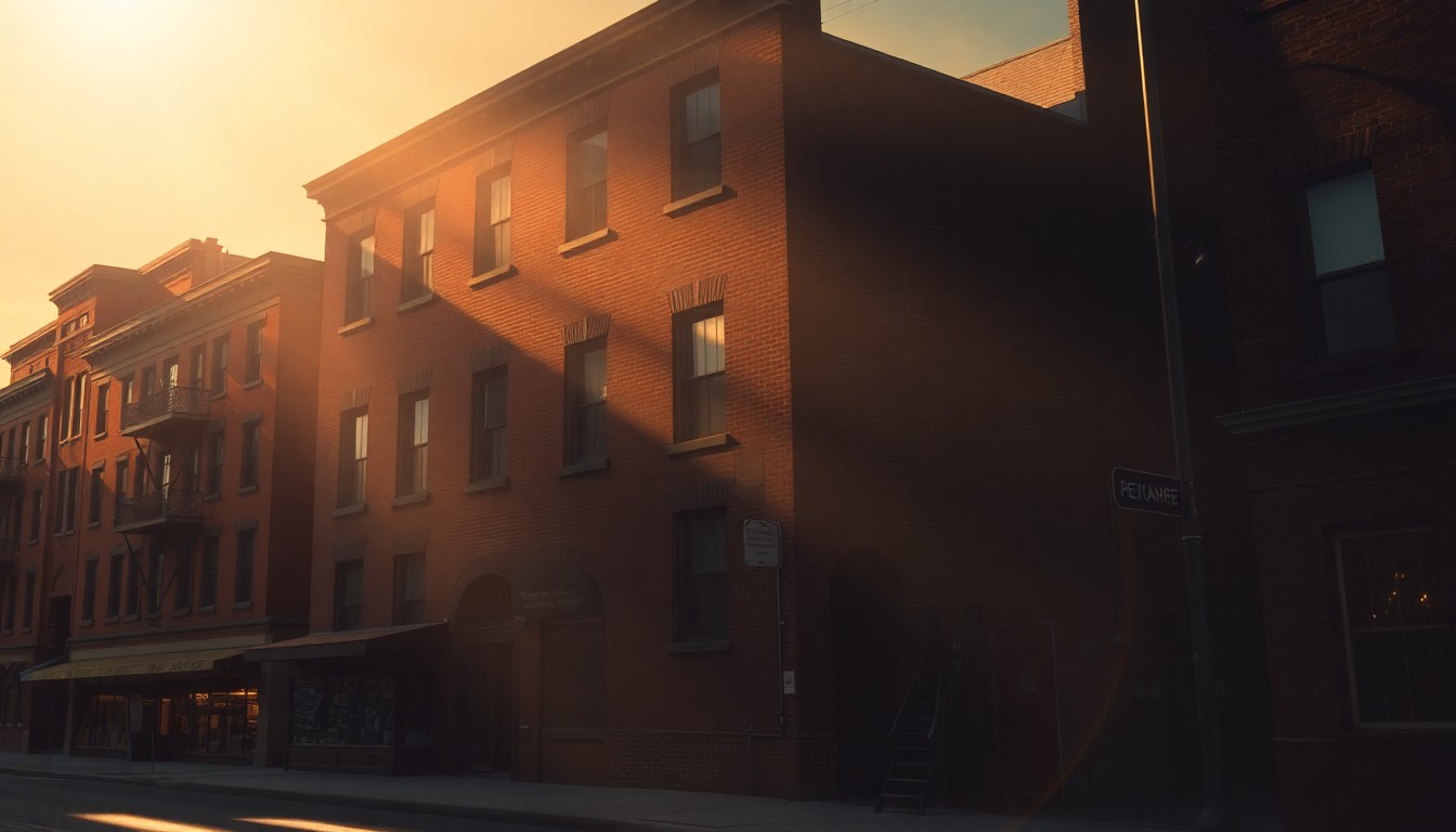 A serene, nostalgic painting of an old brick building in Seattle's Pioneer Square neighborhood, with warm sunlight and deep shadows creating a cinematic, contemplative mood.