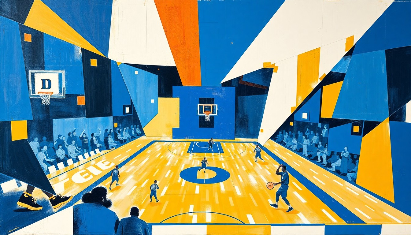 A cubist, geometric painting depicting a basketball game or match, with the players and court broken down into sharp, overlapping planes of vibrant blue, white, and gold colors, capturing the dynamic energy of the sport.