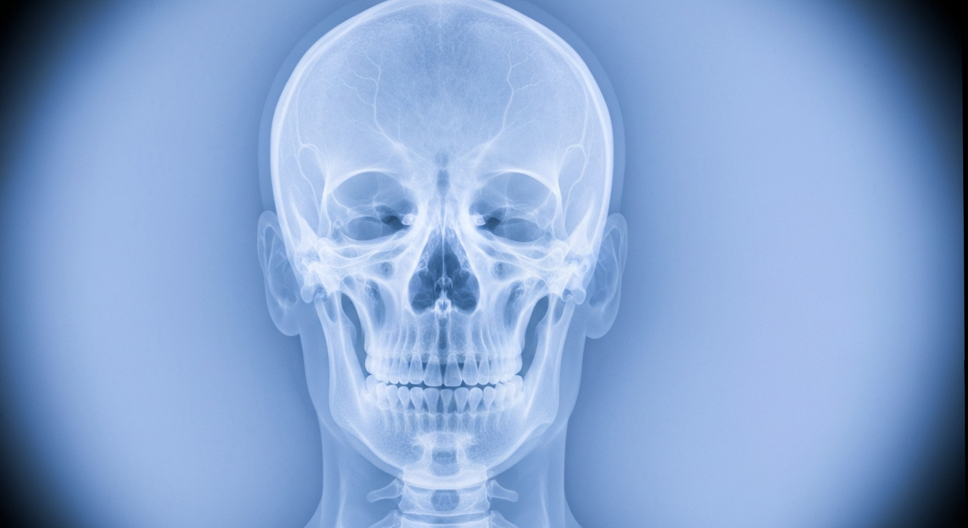 A ghostly, translucent X-ray image showing the intricate bone and muscle structure of a human face, rendered in shades of white and grey against a dark background.