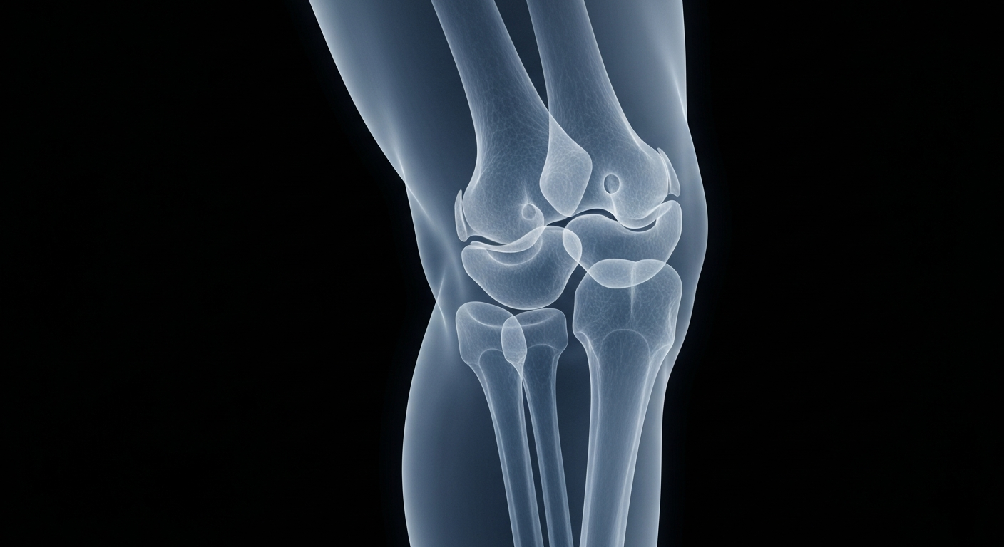 A translucent, X-ray-style image revealing the internal structure of a human knee joint, with glowing lines and shapes representing the complex anatomy. The image has a clinical yet hopeful tone, suggesting the potential of PRP therapy to address chronic joint issues.