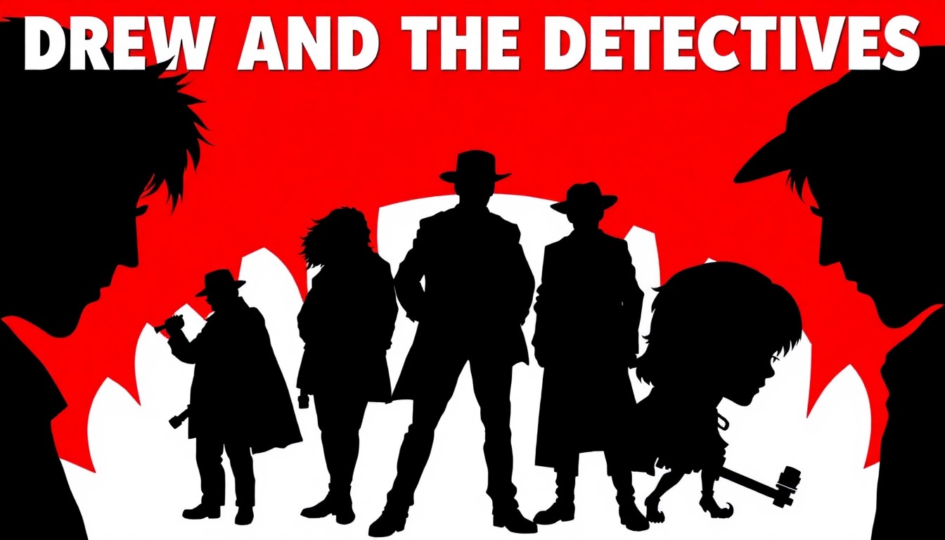 A striking black silhouette illustration depicting the central characters of the Drew and the Detectives mystery series, set against a bold red and white background, conceptually representing the suspense and intrigue of the new novel.