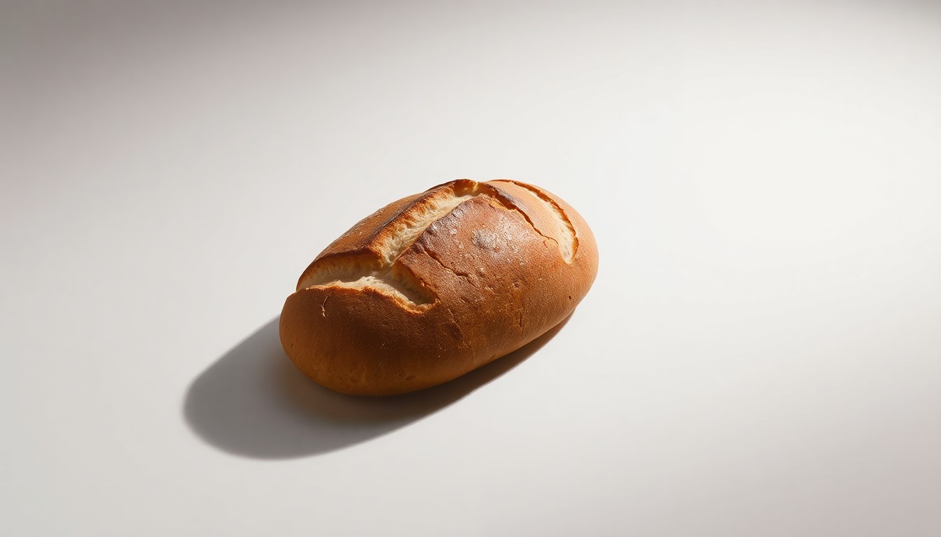 A photorealistic studio still-life image of a single, freshly baked Panera bread loaf resting on a clean, monochromatic background, conveying the strategic changes in the company's supply chain through dramatic lighting and shadows.