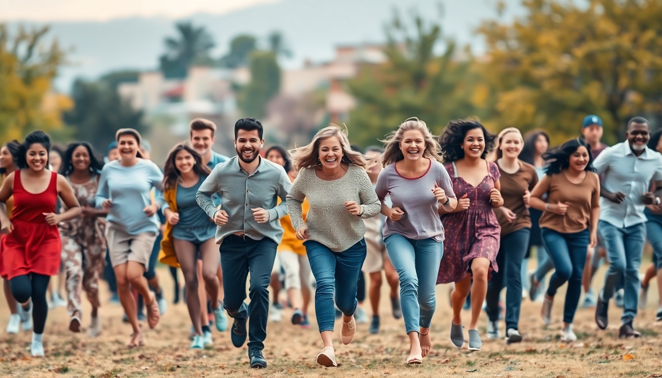 An abstract, out-of-focus photograph depicting a group of people of various ages and abilities moving together in a celebratory, lifestyle-oriented scene, with blurred shapes of buildings and nature in the background, conveying a sense of warmth, connection, and community.