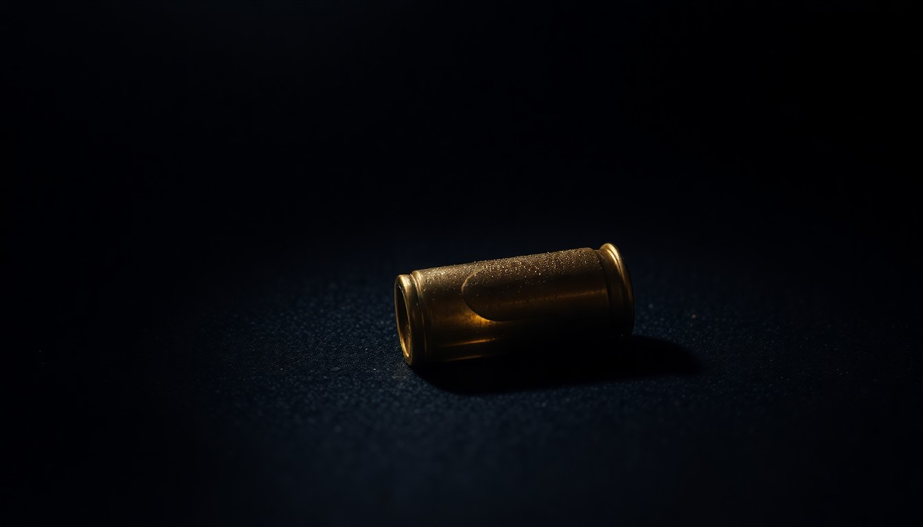 An extreme close-up of a shiny, metallic bullet casing against a dark, textured background, capturing the stark, gritty aesthetic of a crime scene investigation.
