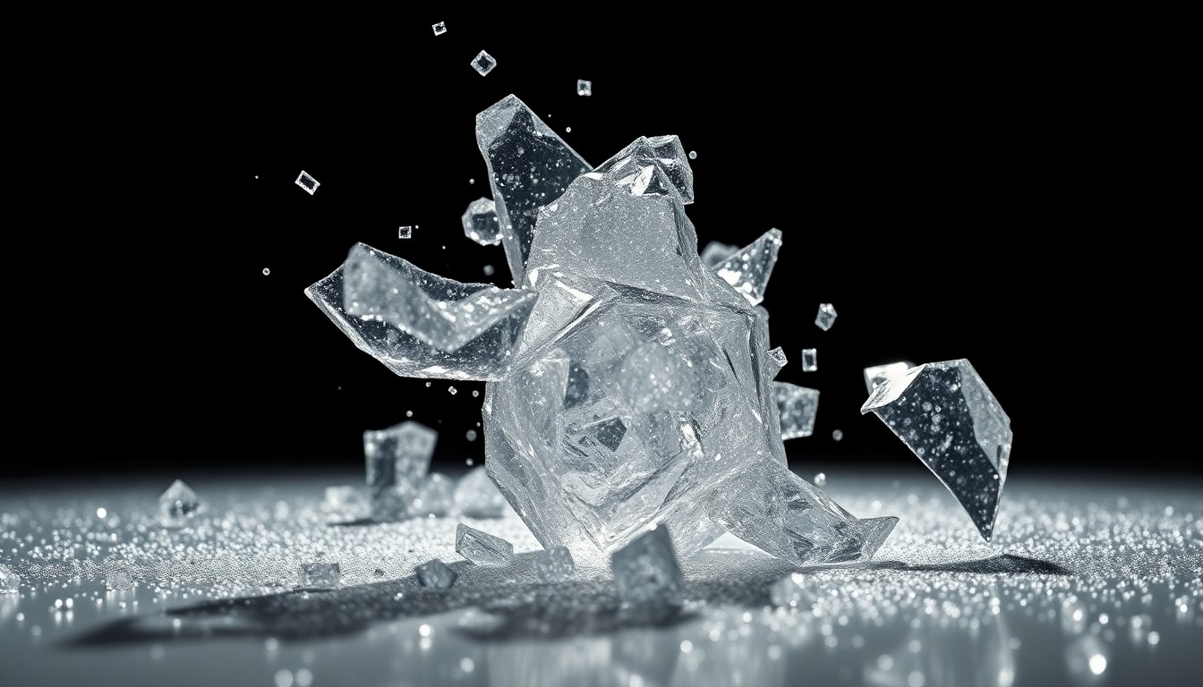 An extreme close-up of a shattered, glittering crystal surface reflecting dramatic high-contrast lighting, conceptually representing the polarizing nature of 6ix9ine's celebrity.