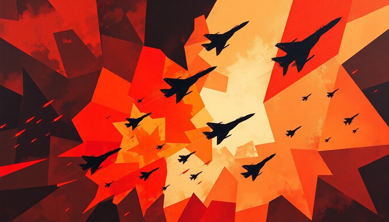 A dynamic, abstract painting in shades of red, orange, and black depicting the fractured, overlapping shapes of military aircraft and missiles, conveying the chaotic and uncertain nature of the ongoing conflict between the United States and Iran.
