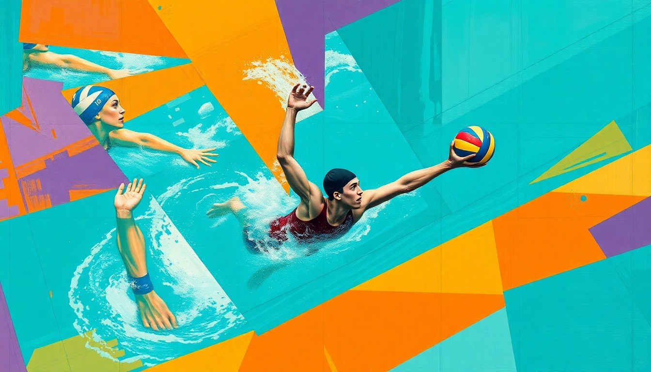 A fragmented, geometric painting depicting the dynamic movements of a high school athlete engaged in both swimming and volleyball, rendered in a vibrant color palette of teal, orange, and purple.