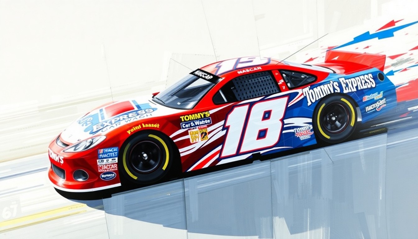 A fractured, cubist-style painting depicting a NASCAR race car in motion, broken down into sharp geometric planes of bright red, white, and blue paint, representing the energy and innovation of Cleetus McFarland's NASCAR debut.