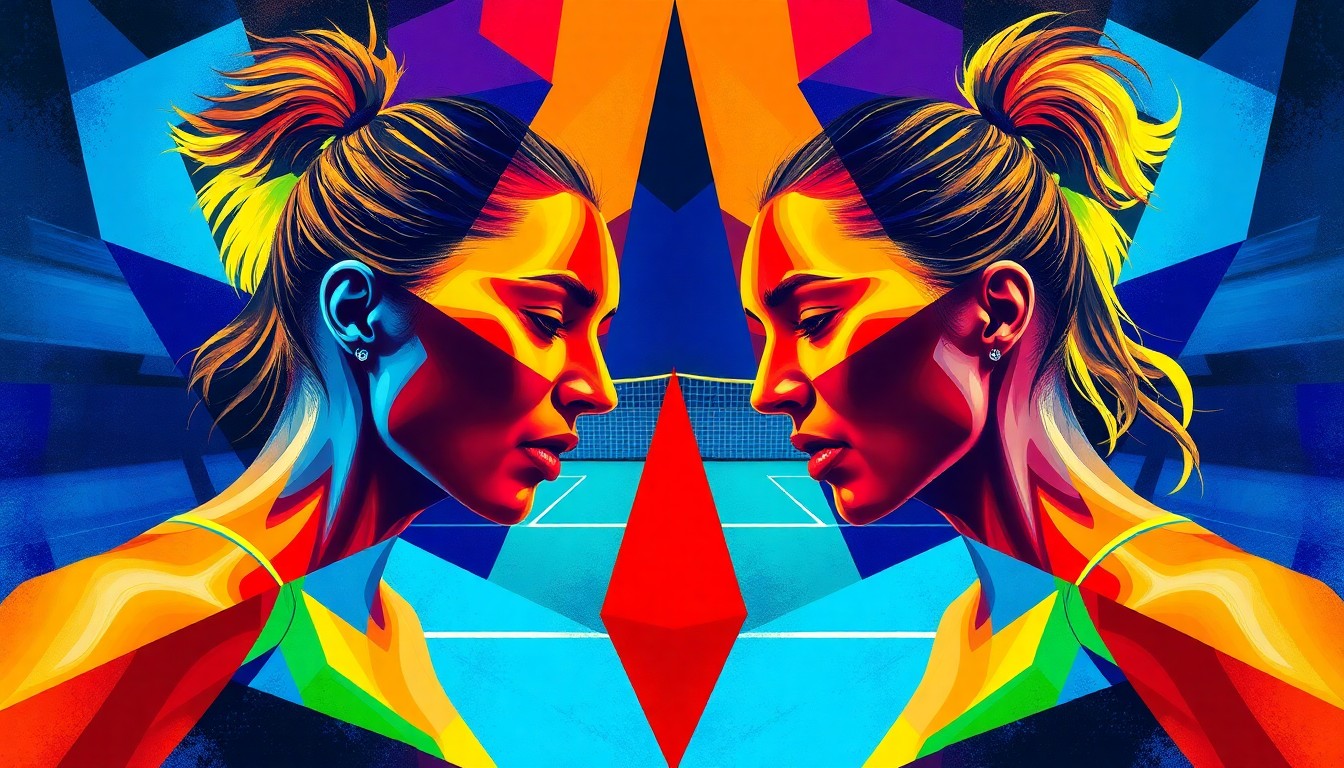 A cubist, geometric painting depicting the intense action and energy of a tennis match, with overlapping planes of bright, vibrant colors representing the power and movement of the players.