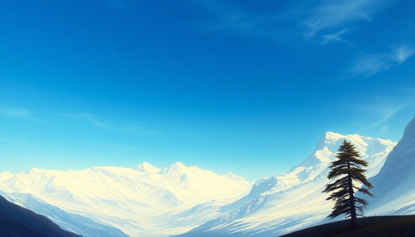A serene, snow-capped mountain landscape painting in muted tones, with a solitary tree in the foreground silhouetted against the dramatic light, conveying the sublime scale and power of the natural world.