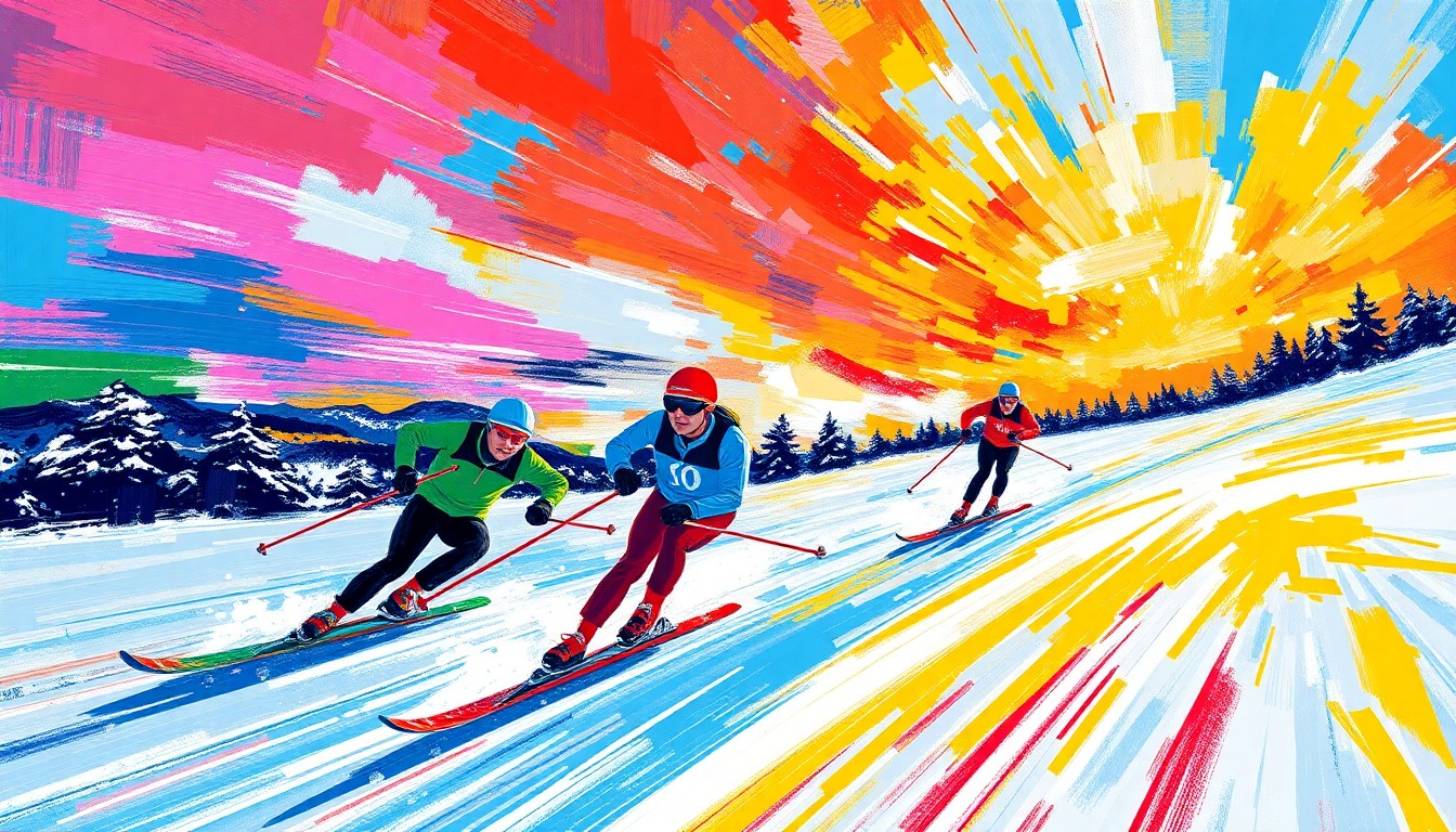 An abstract, energetic painting in neon colors depicting the dynamic movement and energy of Nordic skiers racing through a snowy landscape.