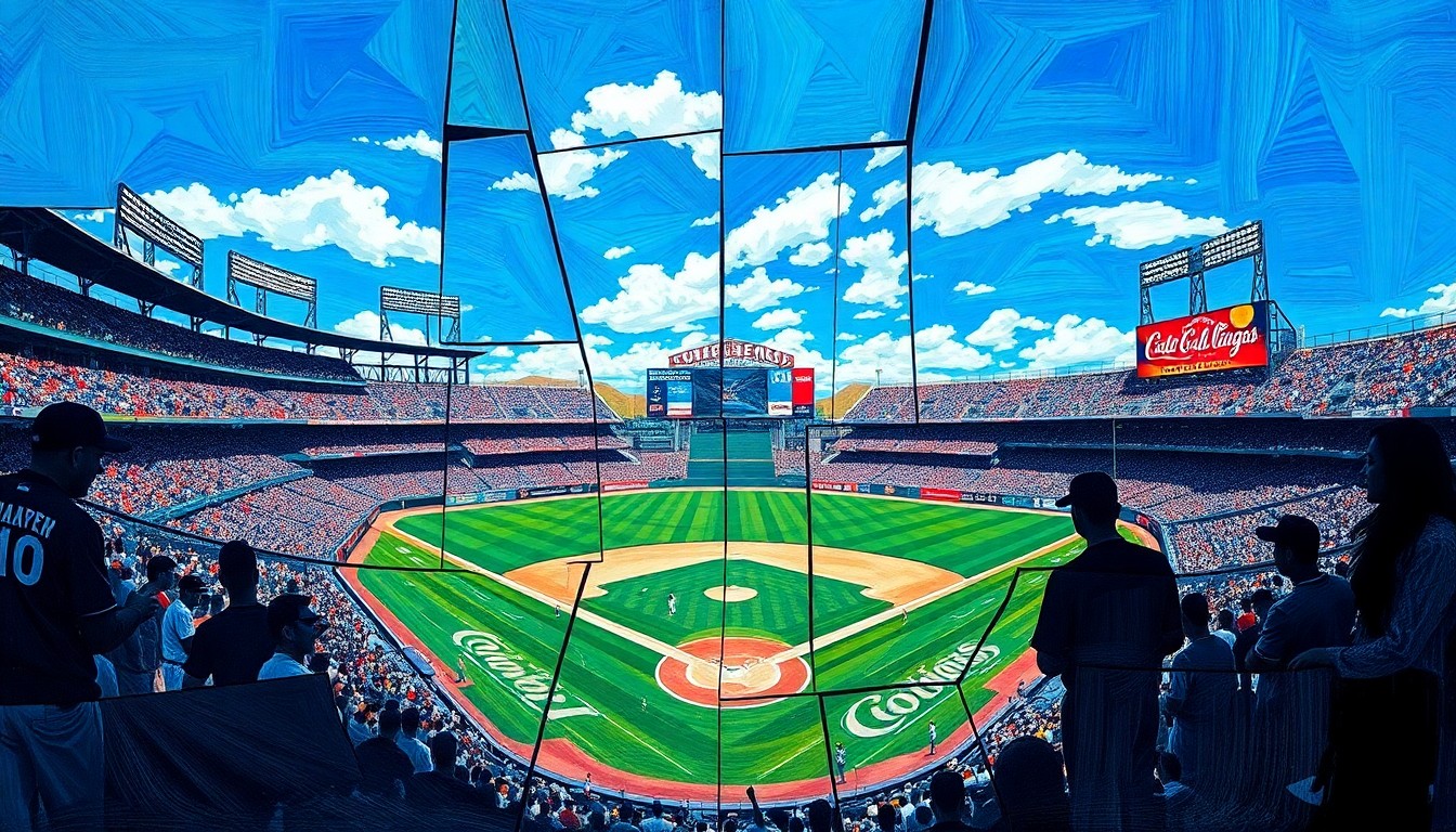 A fragmented, multi-angled painting depicting a baseball game at Coors Field, with players' forms broken down into sharp, overlapping planes of color representing the field, sky, and crowd.
