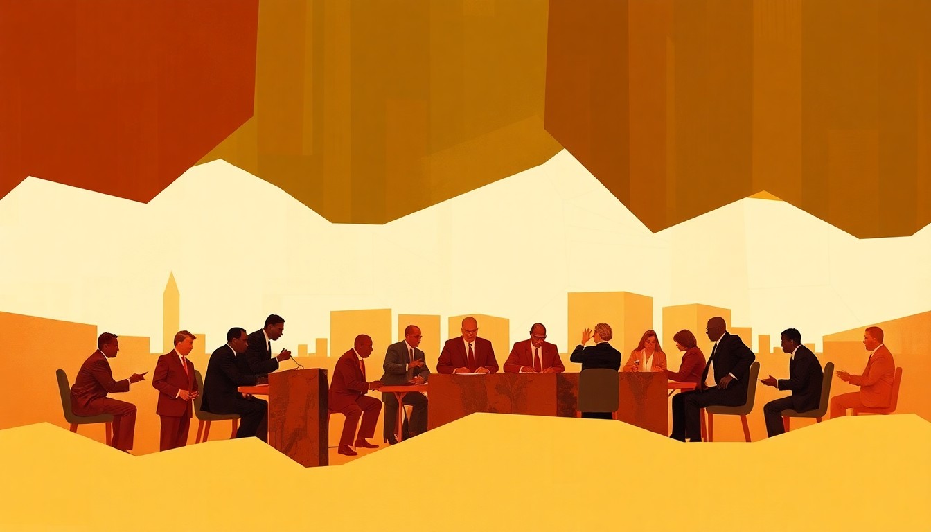 A dynamic, abstract painting featuring overlapping geometric shapes and brushstrokes in warm, earthy tones, conceptually representing the fast-paced, high-stakes negotiations of the Georgia legislature as they raced to complete their work before the session ended.