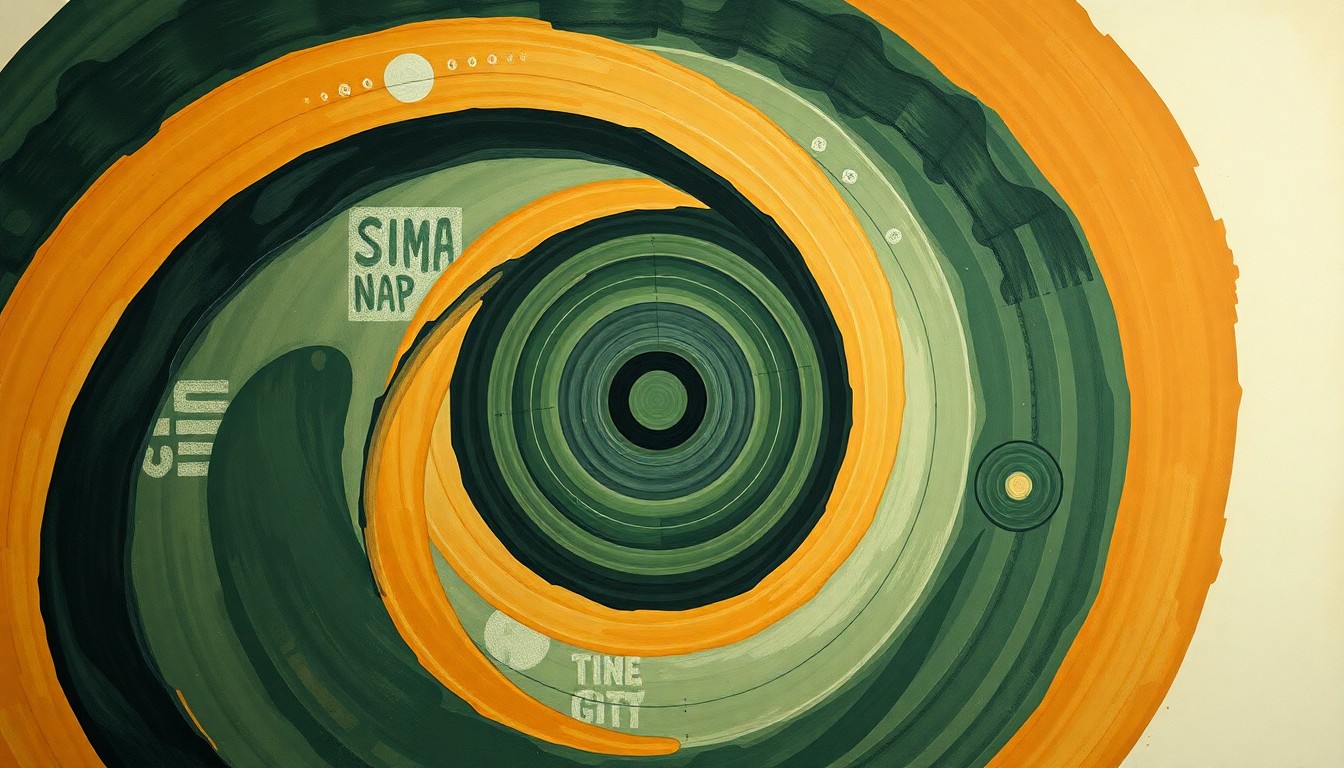 A bold, abstract painting in muted earth tones, featuring sweeping geometric arcs, concentric circles, and precise botanical spirals, conceptually representing the complex scientific forces and data underlying forest management and wildfire risk assessment.