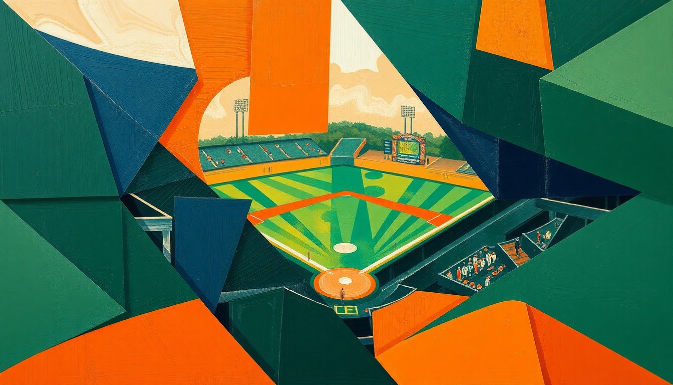 A fragmented, geometric painting depicting a high school baseball game, with players and the field broken down into sharp, overlapping shapes in earthy tones.