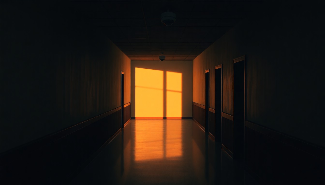 A dimly lit government hallway in muted tones, with a single security camera mounted on the wall casting long shadows across the floor, conveying a sense of unease and secrecy.
