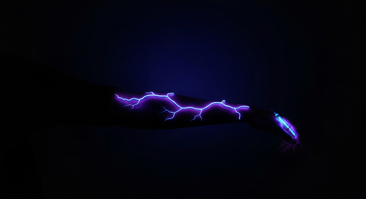 A vibrant, neon outline of a human arm with a blood donation needle, symbolizing the importance of blood drives to the local community.