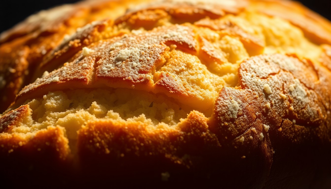 An extreme close-up photograph of the golden, buttery crust and crumb of freshly baked French bread, shot in dramatic high-contrast studio lighting to capture the luxurious, artisanal texture of the bread.