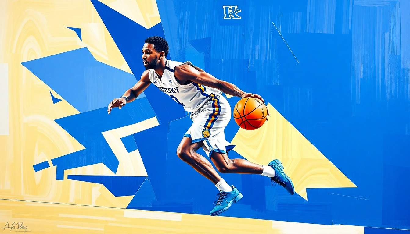 A fractured, cubist-style painting depicting a college basketball player in motion, with sharp geometric shapes and planes of royal blue, white, and metallic gold representing the Kentucky Wildcats.