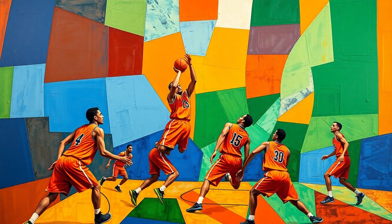 A fragmented, geometric painting in bold, clashing colors depicts the motion and intensity of a basketball game, with player forms broken down into abstract shapes and planes.
