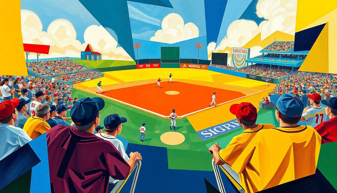 A fractured, geometric painting depicting a high school baseball game, with overlapping planes of color and shape representing the players, field, and action of the contest.