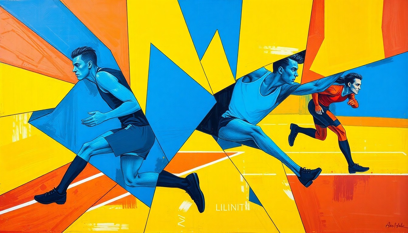 A fragmented, cubist-style painting depicting the motion and energy of a track and field competition, with overlapping geometric shapes in vibrant colors representing the various events and athletes.