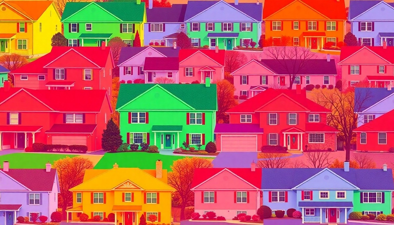 A bold, colorful silkscreen print featuring a repeated image of a single suburban home in vibrant shades of neon pink, orange, and blue, conceptually representing the high cost of school taxes in affluent New Jersey communities.