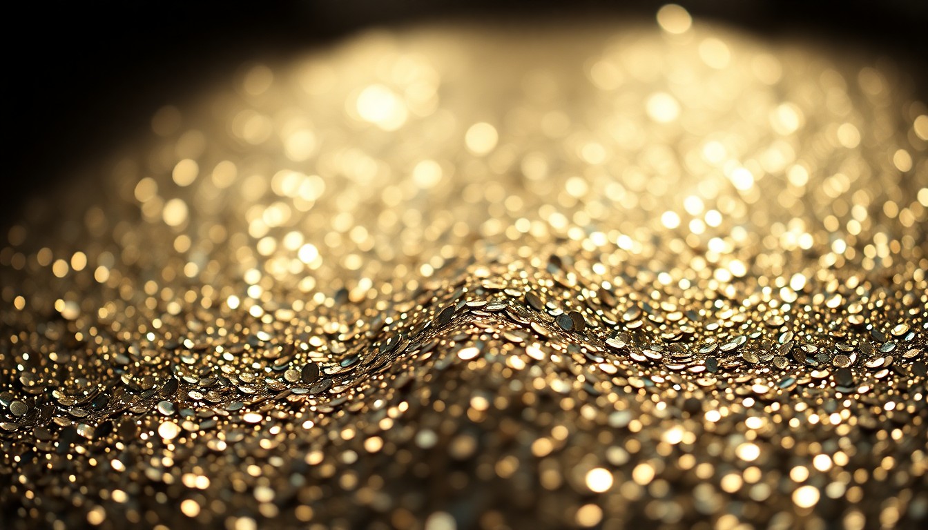 An extreme close-up photograph of shimmering, glittering sequins in a high-contrast, dramatic studio lighting setup, capturing the glamour and luxury associated with reality television.