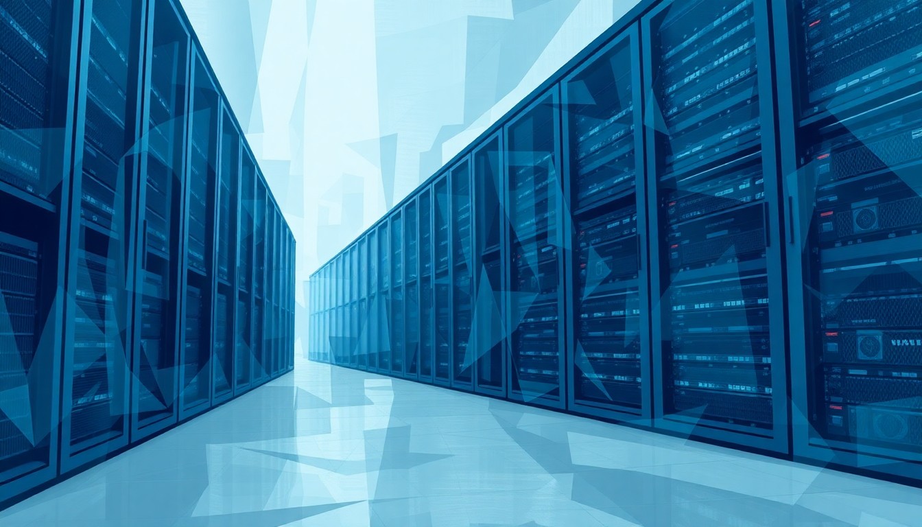 A conceptual illustration in the style of Giacomo Balla, featuring a fractured, geometric painting of a large data center server rack in shades of blue and grey, with overlapping waves of color representing the rapid expansion of data infrastructure.