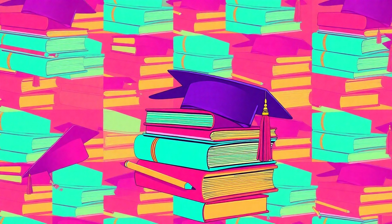 A brightly colored, high-contrast silkscreen print of a stack of textbooks, a pencil, and a graduation cap repeated in a tight grid pattern, representing the educational tools and goals supported by the 9th Grade Seminar program.