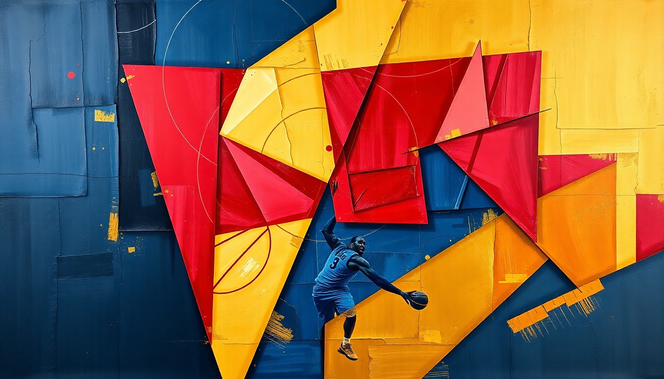 A cubist-style painting depicting a basketball game or match, with the action broken down into sharp, overlapping geometric shapes in a vibrant color palette, conveying the ups and downs of Ole Miss' season.