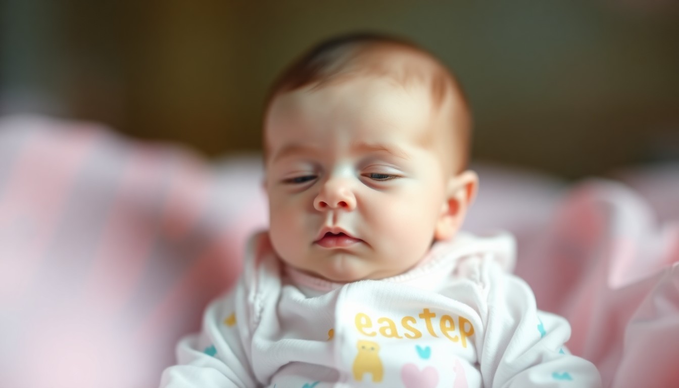 An abstract, impressionistic photograph of a newborn baby swaddled in a soft, pastel-colored Easter outfit, the image blurred and washed in a warm, hazy glow that evokes the tender, celebratory mood of the hospital visit.